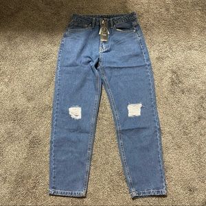 Boohoo petite high rise distressed boyfriend jeans medium wash